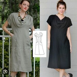 Mosaic 720 100% Linen Cowl Neck Midi Dress with Pockets